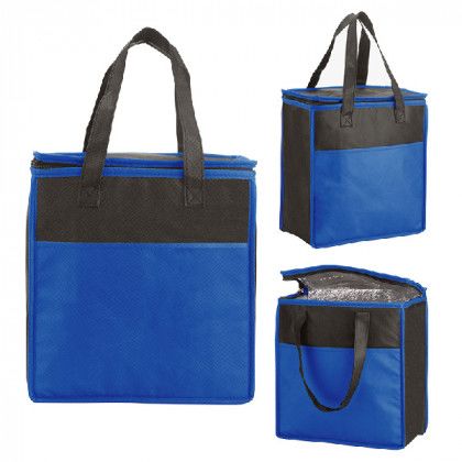 Reflex Blue and Black Custom Insulated Tote Bags | Two-Tone Flat Top Insulated Grocery Tote | Custom Logo Branded Cooler Bags