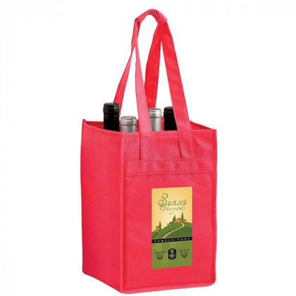 Company Branded Wine Bottle Holder with Full Color Imprint - 4 Bottle Wine Tote - Red