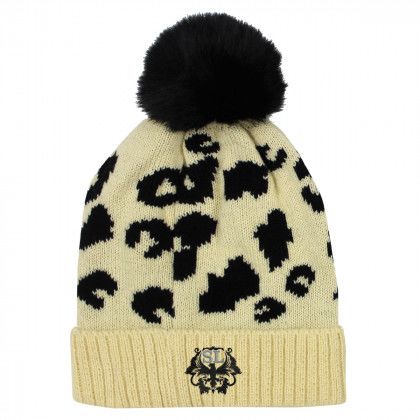 Logo Leopard Print Pom Beanie - Black with tan