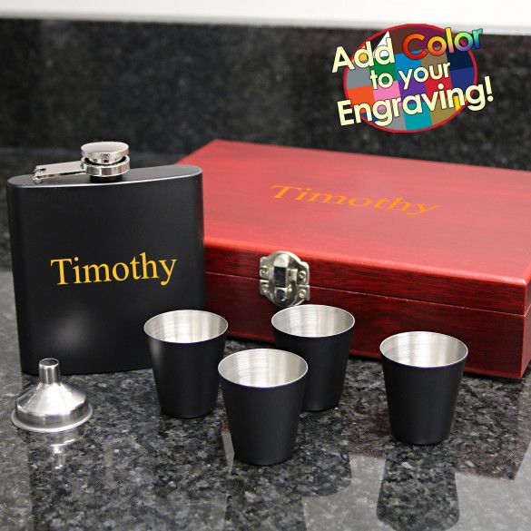 Engraved Name Black Flask Gift Set