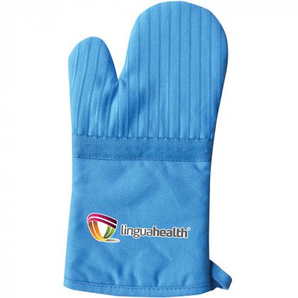 Cotton oven mitt with silicone stripes and hanging loop - pot holders with logo - light blue