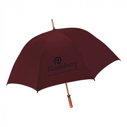 Premium Imprinted Windproof umbrella with pewter tipped wooden shaft - maroon