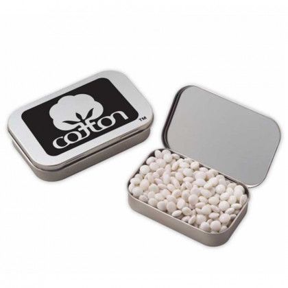 Large Hinged Tin with White Mints Promotional Custom Imprinted With Logo