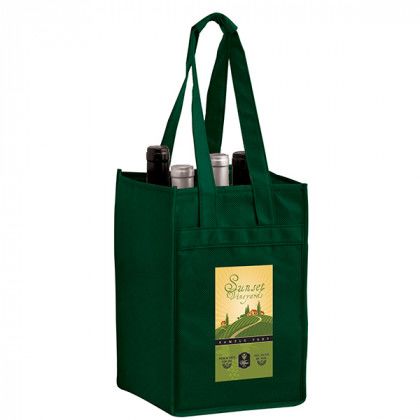 Company Branded Wine Bottle Holder with Full Color Imprint - 4 Bottle Wine Tote - Hunter Green