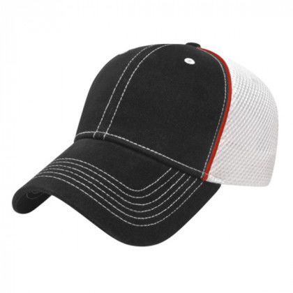 Embroidered Men’s Trucker Cap with Piping | Wholesale Double Mesh Back Caps | Custom Logo Trucker Hats - Black/Red/White