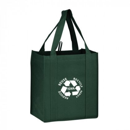 Hunter Green Large Heavy Duty Non-Woven Grocery Bag with Poly Board Insert - 13 x 15 x 10