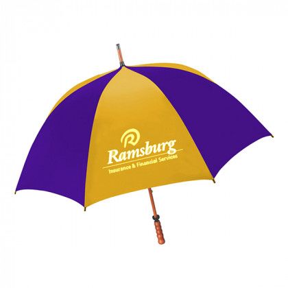 Premium Imprinted Windproof umbrella with pewter tipped wooden shaft - purple/gold