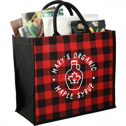 Imprinted Buffalo Plaid Printed Jute Tote - Red/black