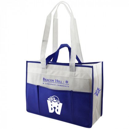 Logo Imprinted Multi Pocket Tote Bag - Royal/white- Front