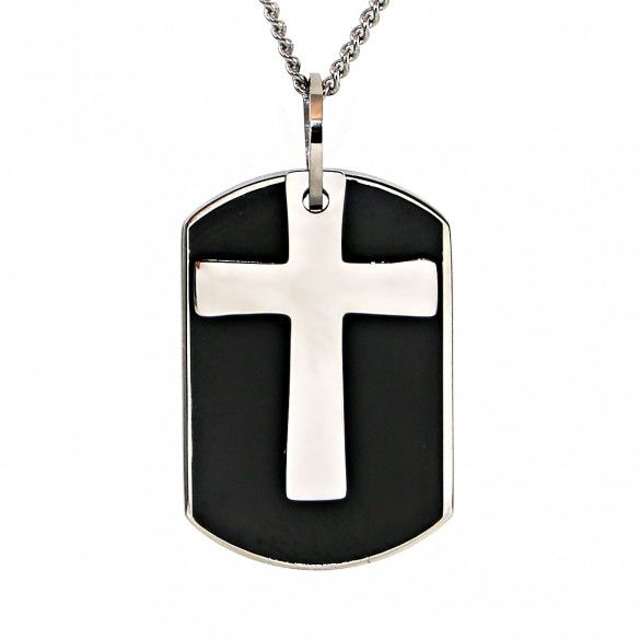 Engraved Black Dog Tag With Cross