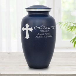 Personalized Dark Blue Large Cremation Urn With Cross