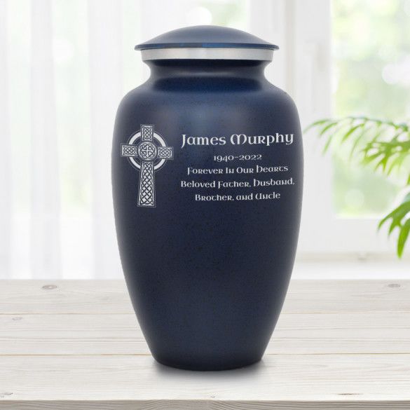 Celtic Cross Personalized Large Dark Blue Cremation Urn