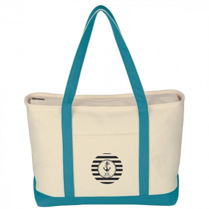 Large Heavy Cotton Canvas Tote Bag -Natural with Light Blue