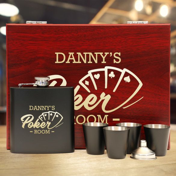 Poker Room Personalized Black Flask Gift Set