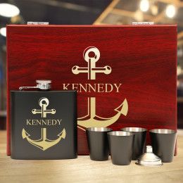 Nautical Anchor Personalized Black Flask Gift Set