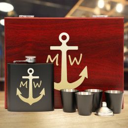 High Seas Personalized Black Flask Gift Set