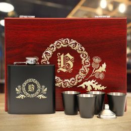 Scottish Thistle Personalized Black Flask Gift Set | Custom Scottish Drinking Set