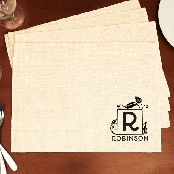 Personalized Family Name Placemats with Vines | Linen Placemats with Custom Family Name and Monogram