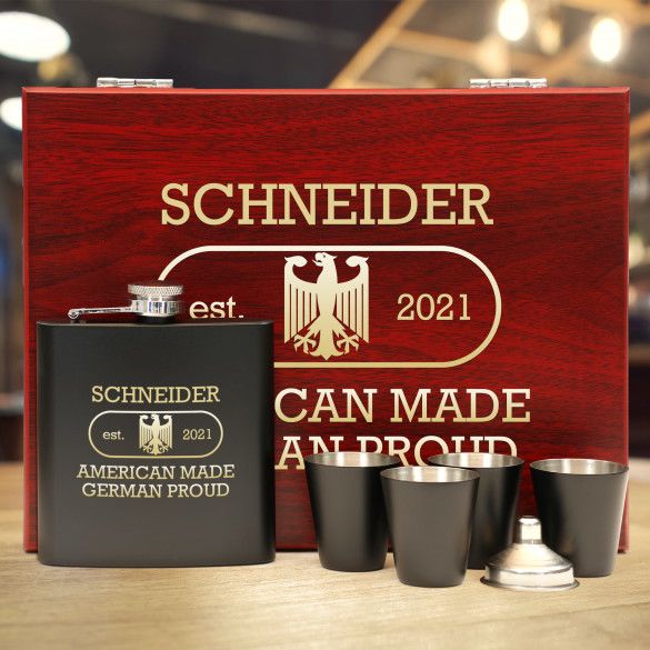 German Proud Personalized Black Flask Gift Set