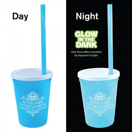 Printed 12 oz Nite Glow Stadium Cap with Straw Lid - Light blue