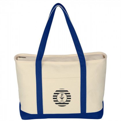 Large Heavy Cotton Canvas Tote Bag -Natural with Royal Blue