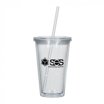 Promotional Acrylic Tumblers | 16 oz Insulated Acrylic Tumbler w/ Straw | Promotional Double Wall Tumblers - Clear/Clear