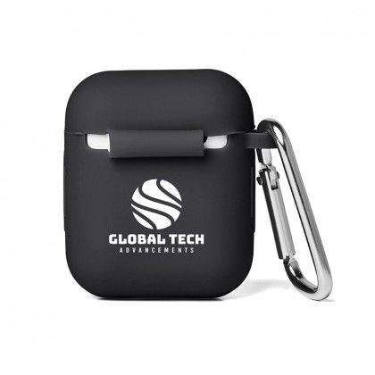 Custom Silicone Earbuds Case with Carabiner - Black with back imprint