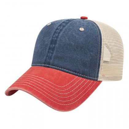 Navy/Red/Stone Custom Sublimated Patch Washed Trucker Cap