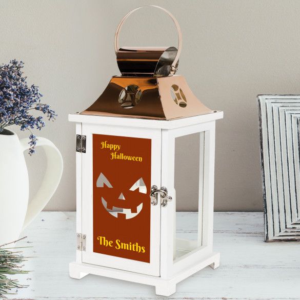 Jack-O-Lantern Personalized White Candle Lantern