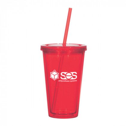 Promotional Acrylic Tumblers | 16 oz Insulated Acrylic Tumbler w/ Straw | Promotional Double Wall Tumblers - Translucent Red