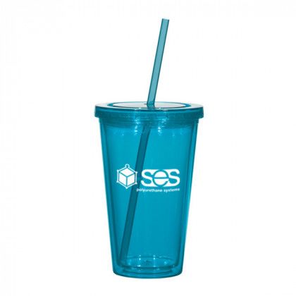 Promotional Acrylic Tumblers | 16 oz Insulated Acrylic Tumbler w/ Straw | Promotional Double Wall Tumblers - Translucent Teal