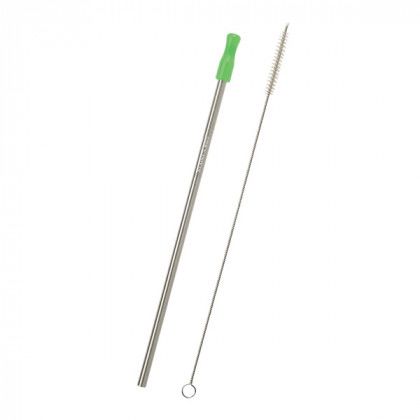 Branded Stainless Steel Straws | Stainless Straw with Cleaning Brush | Custom Metal Drinking Straws - Silver with Green