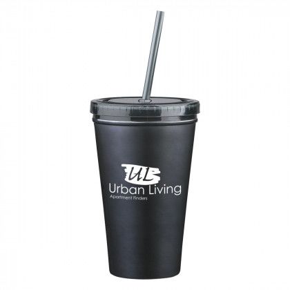 Black Promo Stainless Steel 16 oz. Double Wall Tumbler with Straw