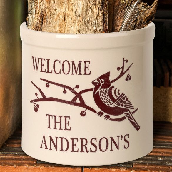 Winter Cardinal Welcome Personalized Stoneware Crock