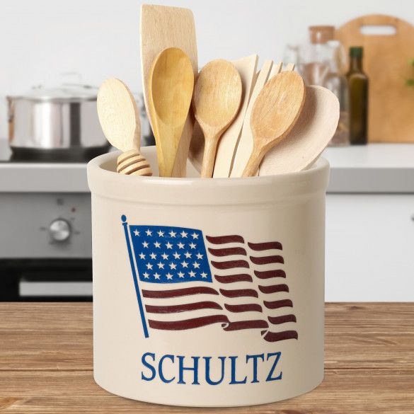 Personalized American Heritage Flag Stoneware Crock