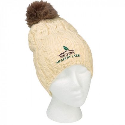 Custom Embroidered Cable Knit Beanie | Embroidered Logo Beanies - Natural