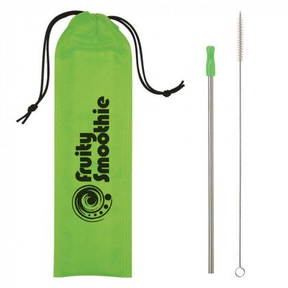 Custom Drinkware Accessories for Giveaways | Stainless Steel Straw Kit | Customized Drinking Straw Kits - Lime Green