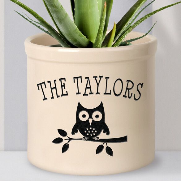 Personalized Owl On Branch Stoneware Crock