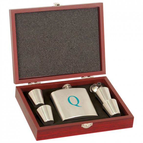 Color Printed Single Initial Flask Set in Rosewood Box