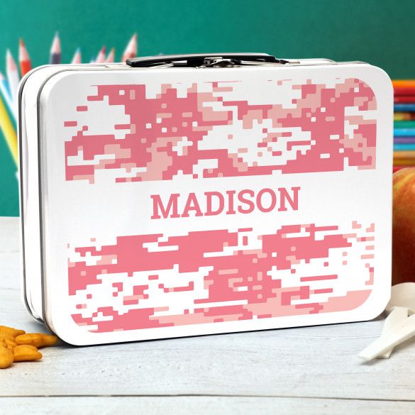 Pink Digital Camo Personalized Retro Metal Lunch Box