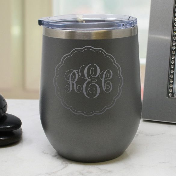 Gray Polar Camel Stemless Wine Tumbler with Script Monogram - 12oz