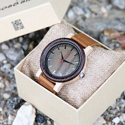 Engraved Ebony and Bamboo Wood Watch with Logo in Gift Box