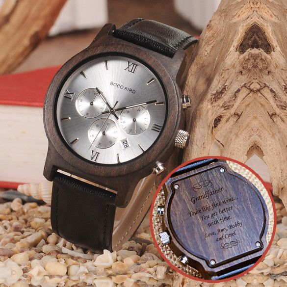 Personalized Ebony Wood Watch with Scroll Accent | Customized Gift for Men | Engraved Watch