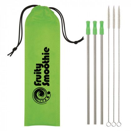 Wholesale Straight Drinking Straws | 3 Pack Stainless Steel Straw Kit | Company Branded Personalized Straws - Lime