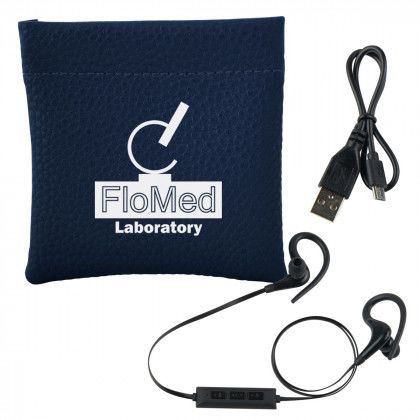 Imprinted Leatherette Squeeze Tech Pouch with Earbuds Navy