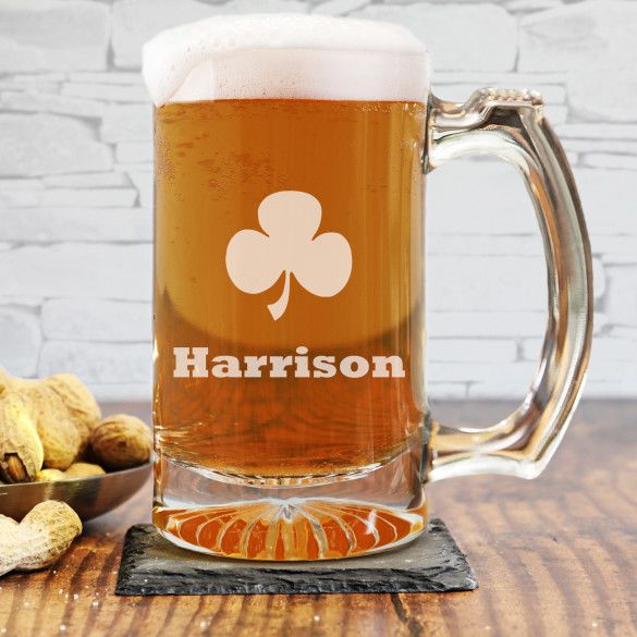 Custom Shamrock Etched Beer Mug 12oz