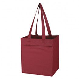 Six Bottle Custom Non-Woven Wine Bag with Logo Pocket - Burgundy