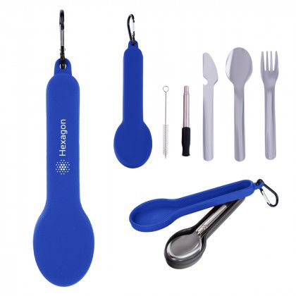 Travel Utensil Set with Blue Silicone Holder