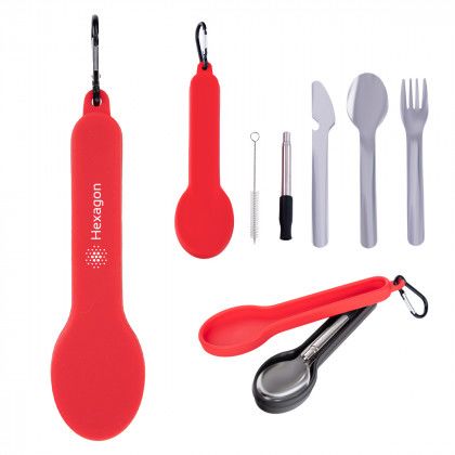 Travel Utensil Set with Red Silicone Holder