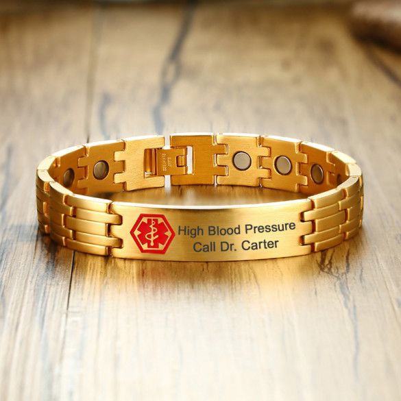 Mens Gold Medical Id Bracelet With Magnets Engraved Id Bracelet 3088